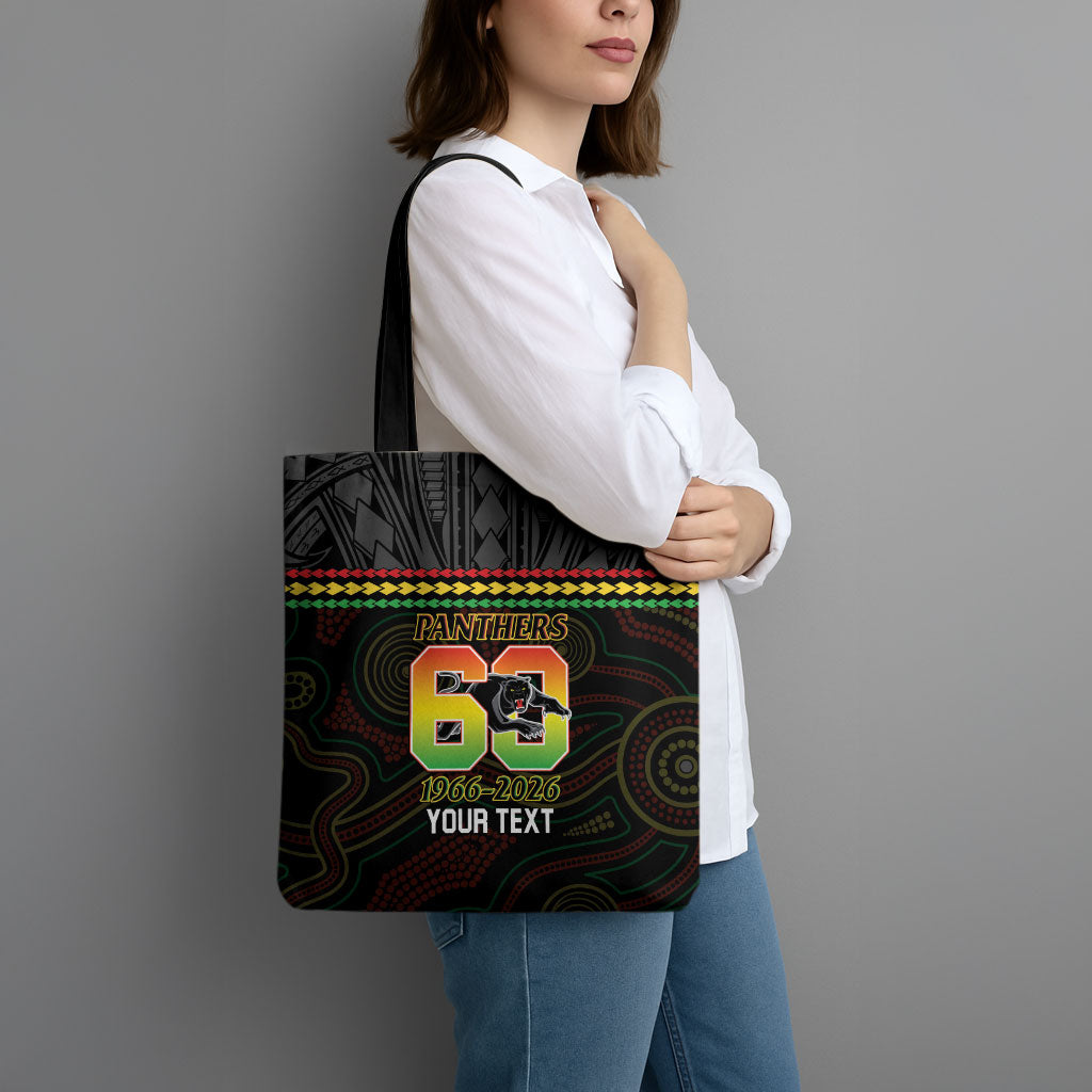 Penrith Panthers Rugby Custom Tote Bag 60 Years Anniversary Black Polynesian Aboriginal Art