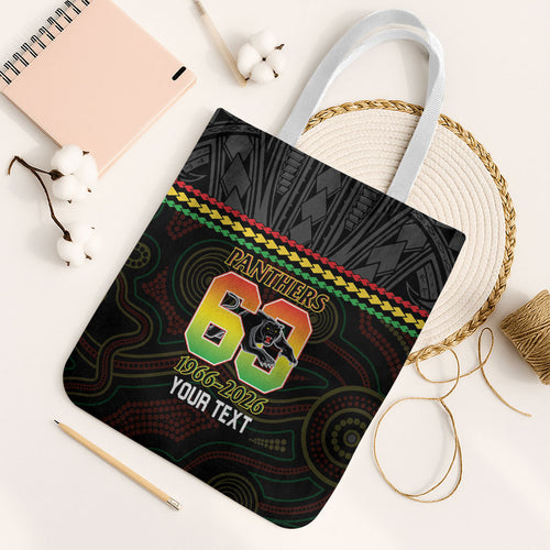Penrith Panthers Rugby Custom Tote Bag 60 Years Anniversary Black Polynesian Aboriginal Art