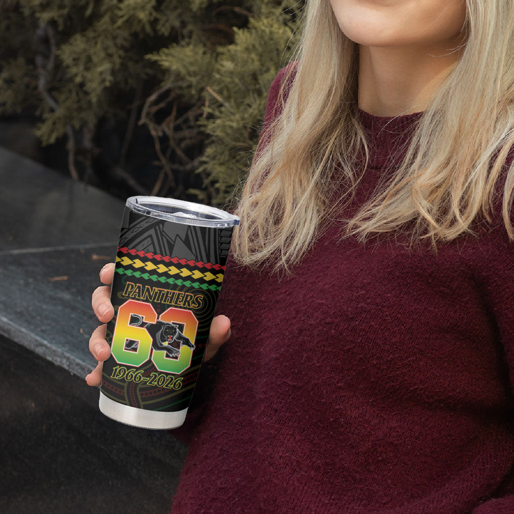 Penrith Panthers Rugby Custom Tumbler Cup 60 Years Anniversary Black Polynesian Aboriginal Art