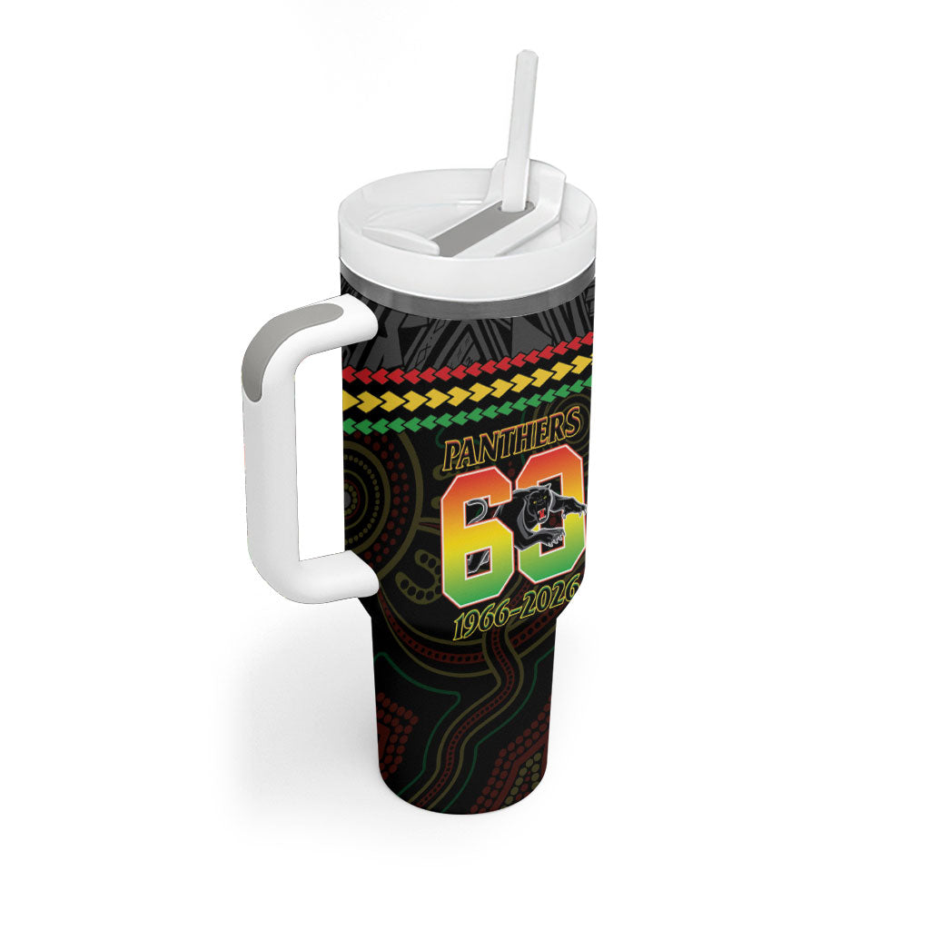 Penrith Panthers Rugby Custom Tumbler With Handle 60 Years Anniversary Black Polynesian Aboriginal Art