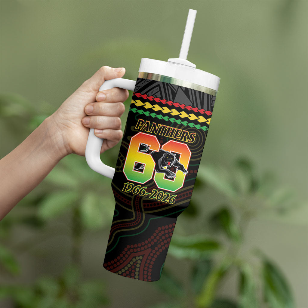 Penrith Panthers Rugby Custom Tumbler With Handle 60 Years Anniversary Black Polynesian Aboriginal Art