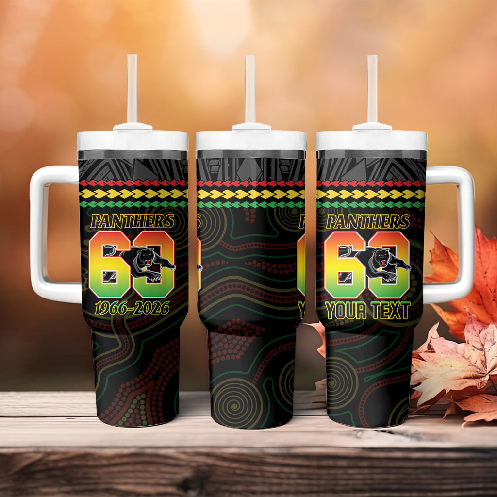 Penrith Panthers Rugby Custom Tumbler With Handle 60 Years Anniversary Black Polynesian Aboriginal Art