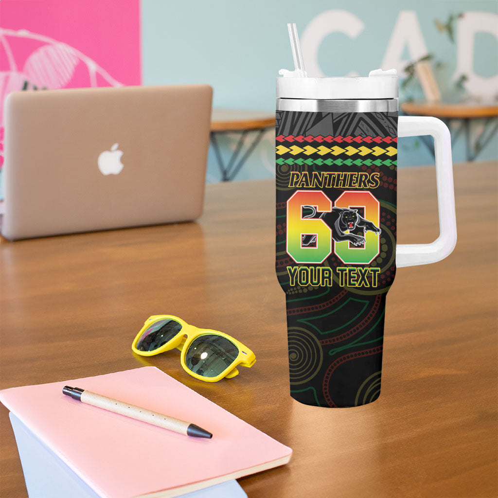 Penrith Panthers Rugby Custom Tumbler With Handle 60 Years Anniversary Black Polynesian Aboriginal Art