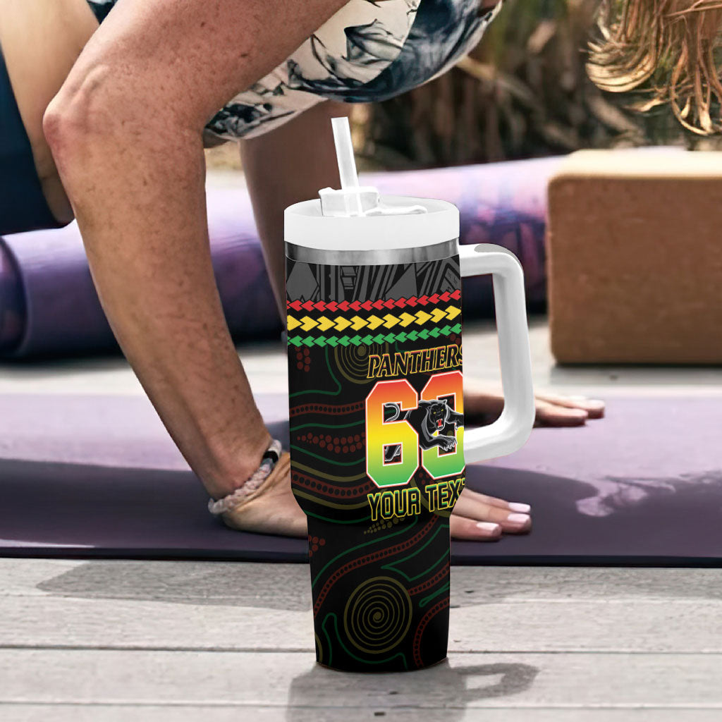 Penrith Panthers Rugby Custom Tumbler With Handle 60 Years Anniversary Black Polynesian Aboriginal Art