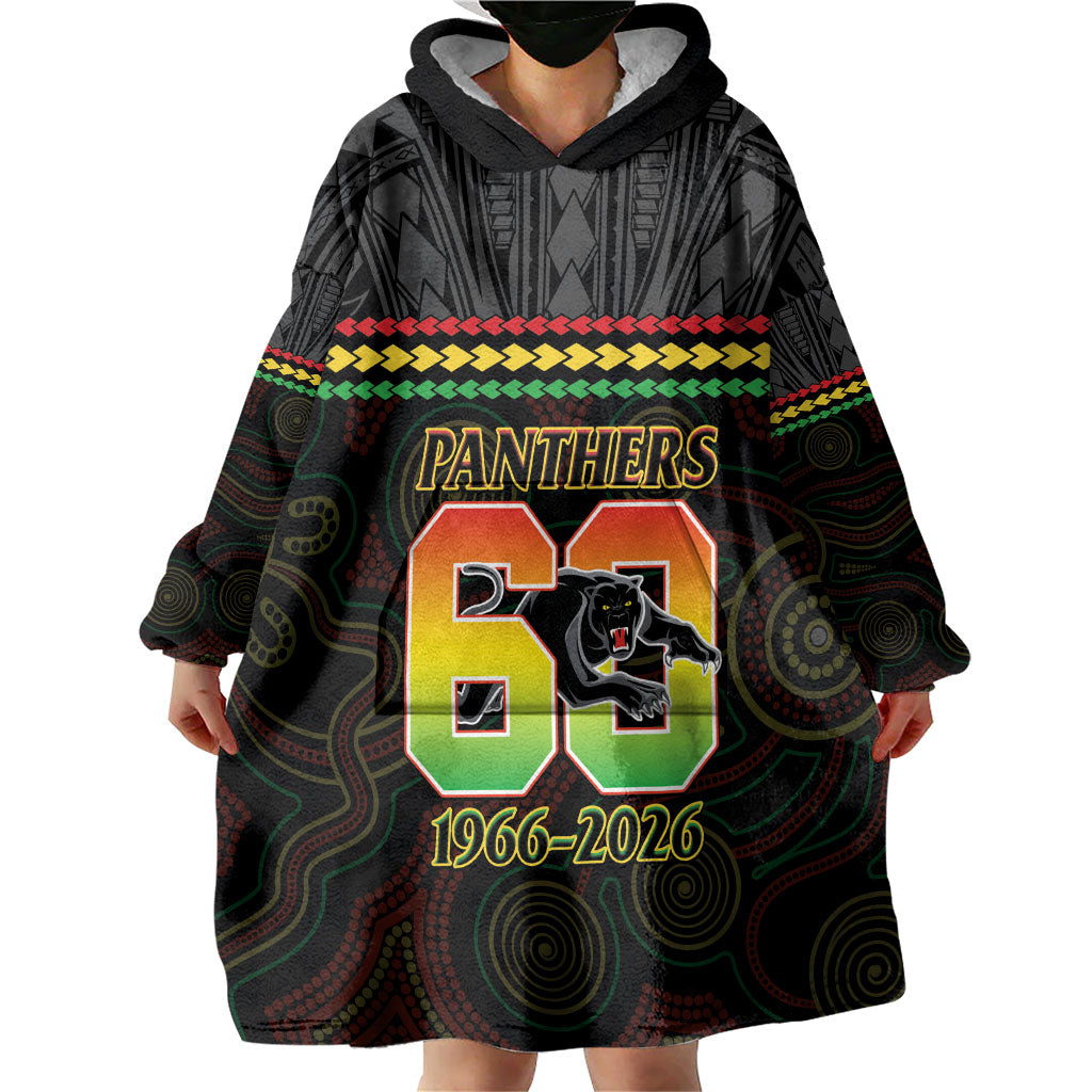 Penrith Panthers Rugby Custom Wearable Blanket Hoodie 60 Years Anniversary Black Polynesian Aboriginal Art