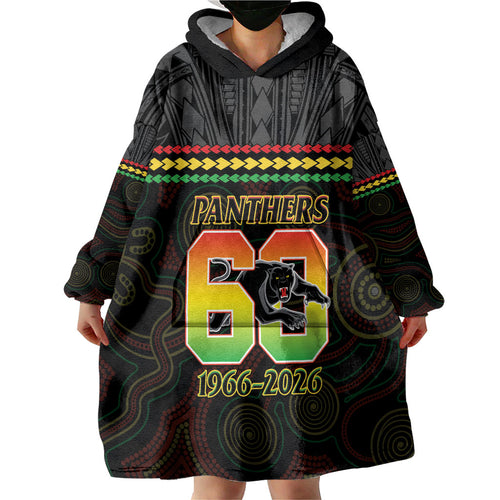 Penrith Panthers Rugby Custom Wearable Blanket Hoodie 60 Years Anniversary Black Polynesian Aboriginal Art