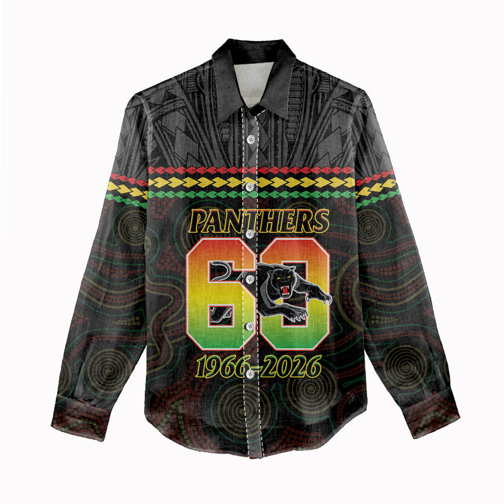 Penrith Panthers Rugby Custom Women Casual Shirt 60 Years Anniversary Black Polynesian Aboriginal Art