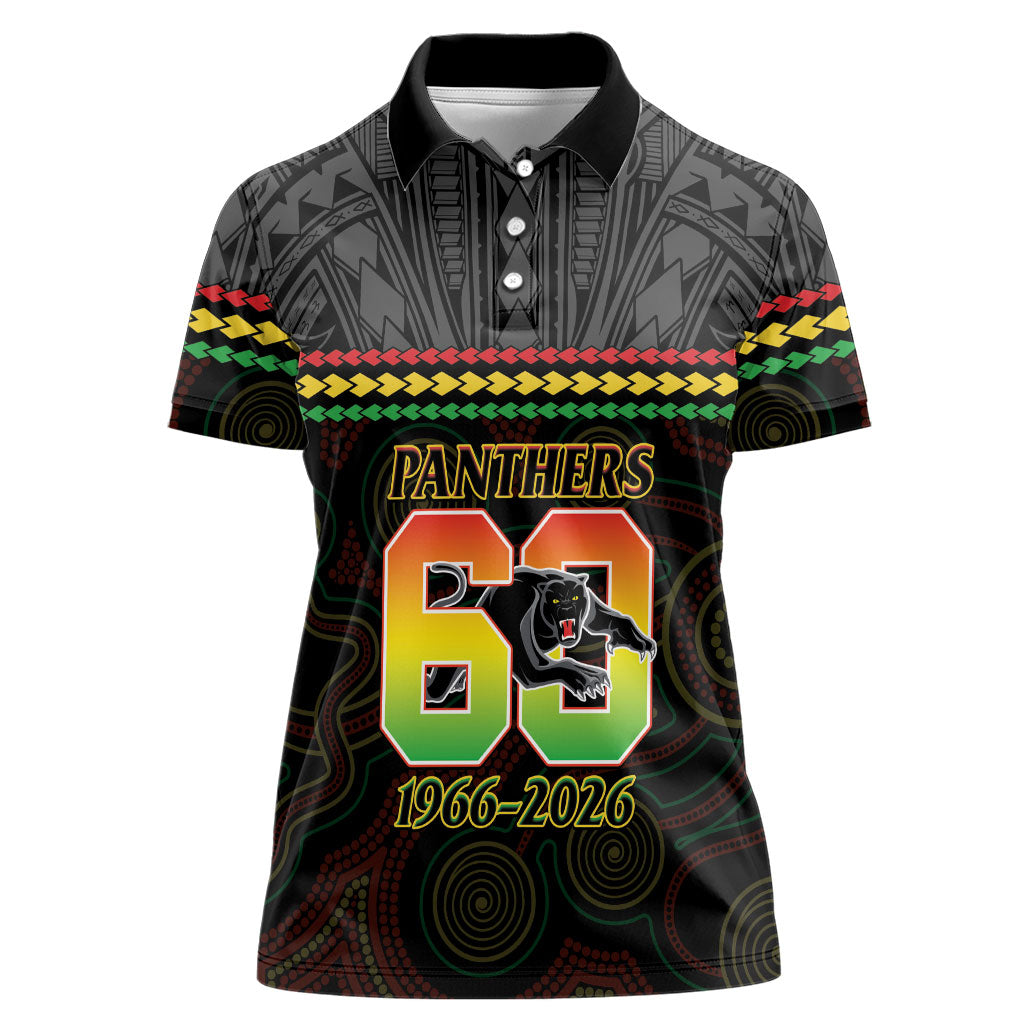 Penrith Panthers Rugby Custom Women Polo Shirt 60 Years Anniversary Black Polynesian Aboriginal Art