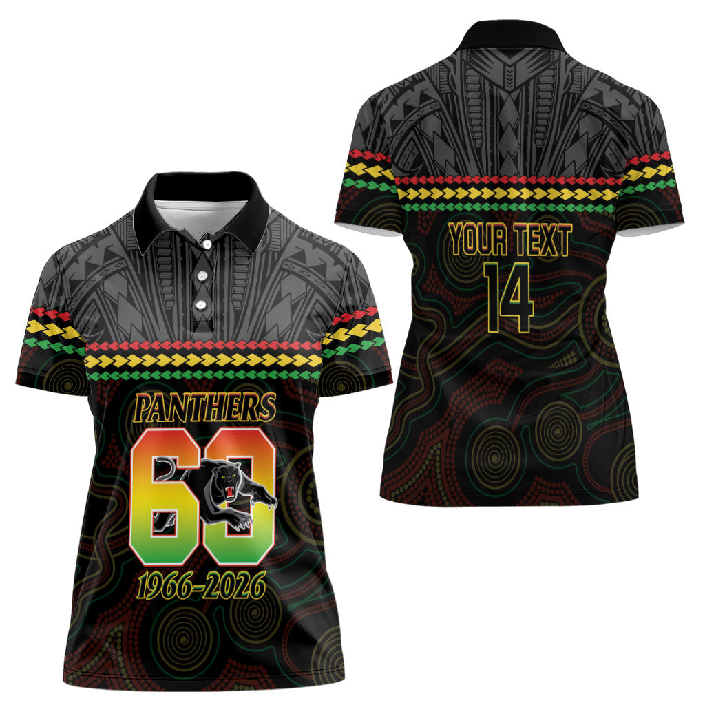 Penrith Panthers Rugby Custom Women Polo Shirt 60 Years Anniversary Black Polynesian Aboriginal Art