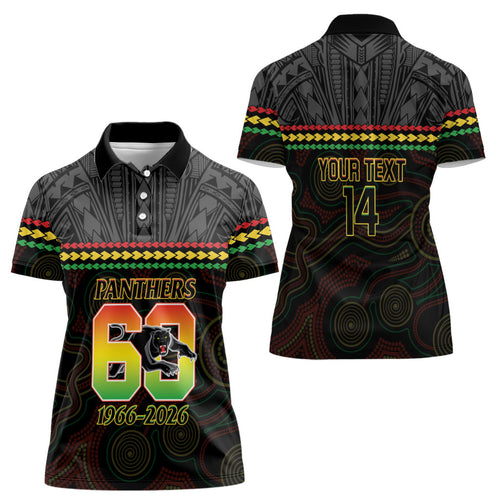 Penrith Panthers Rugby Custom Women Polo Shirt 60 Years Anniversary Black Polynesian Aboriginal Art
