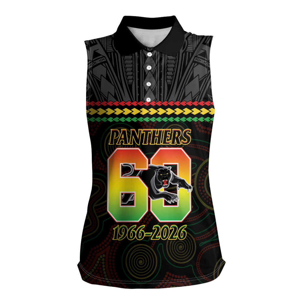 Penrith Panthers Rugby Custom Women Sleeveless Polo Shirt 60 Years Anniversary Black Polynesian Aboriginal Art