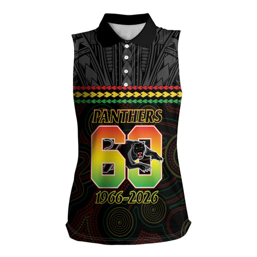 Penrith Panthers Rugby Custom Women Sleeveless Polo Shirt 60 Years Anniversary Black Polynesian Aboriginal Art