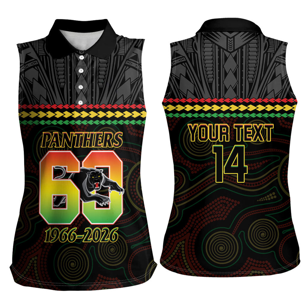 Penrith Panthers Rugby Custom Women Sleeveless Polo Shirt 60 Years Anniversary Black Polynesian Aboriginal Art