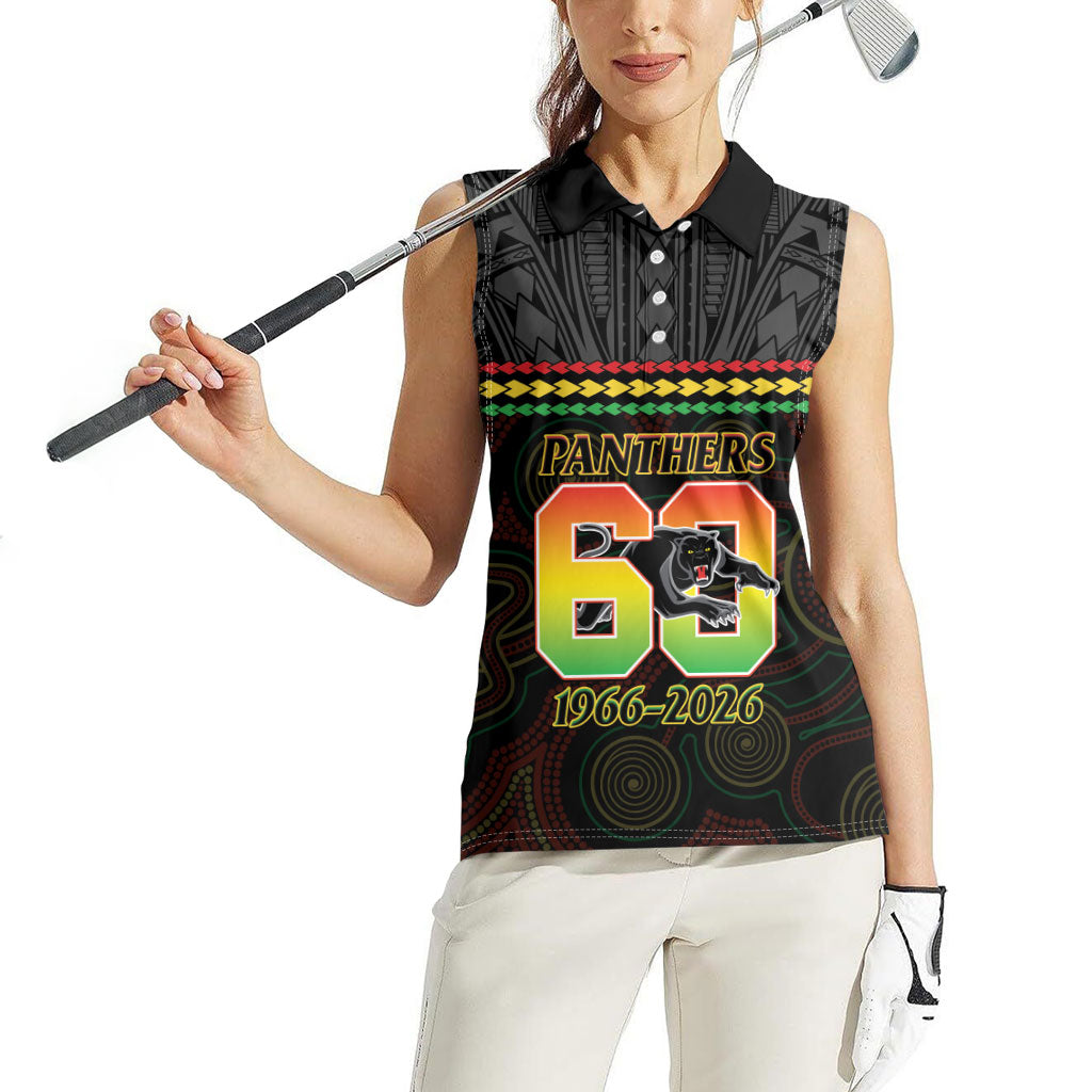 Penrith Panthers Rugby Custom Women Sleeveless Polo Shirt 60 Years Anniversary Black Polynesian Aboriginal Art