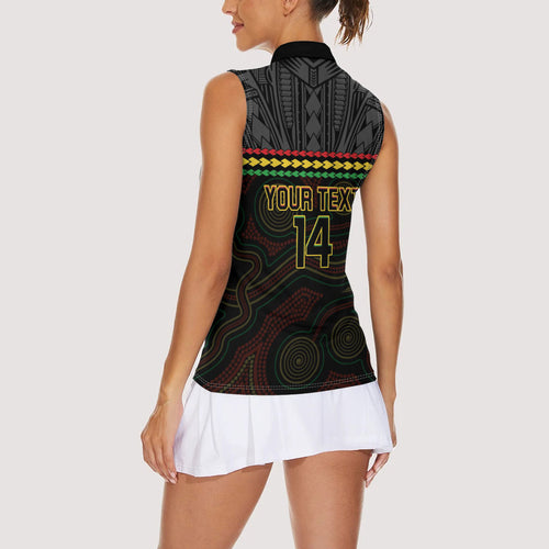 Penrith Panthers Rugby Custom Women Sleeveless Polo Shirt 60 Years Anniversary Black Polynesian Aboriginal Art