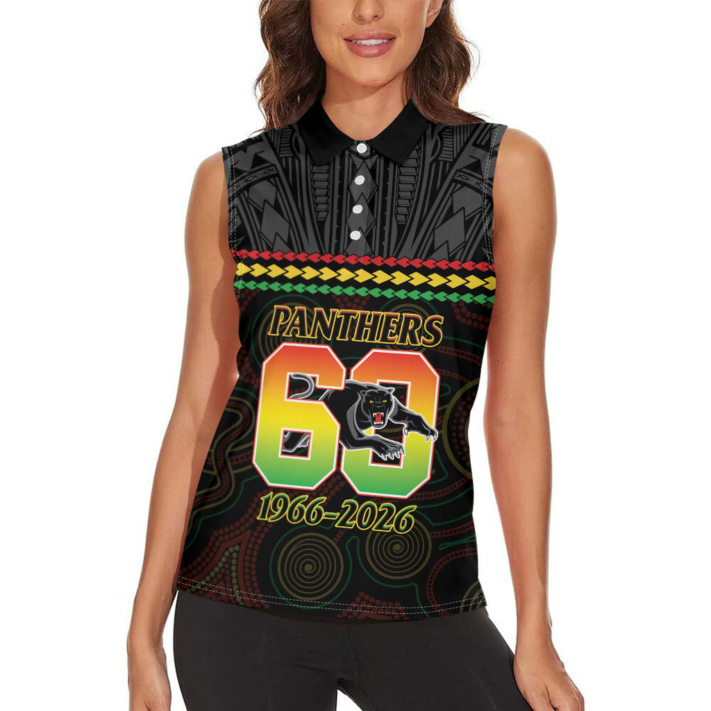 Penrith Panthers Rugby Custom Women Sleeveless Polo Shirt 60 Years Anniversary Black Polynesian Aboriginal Art
