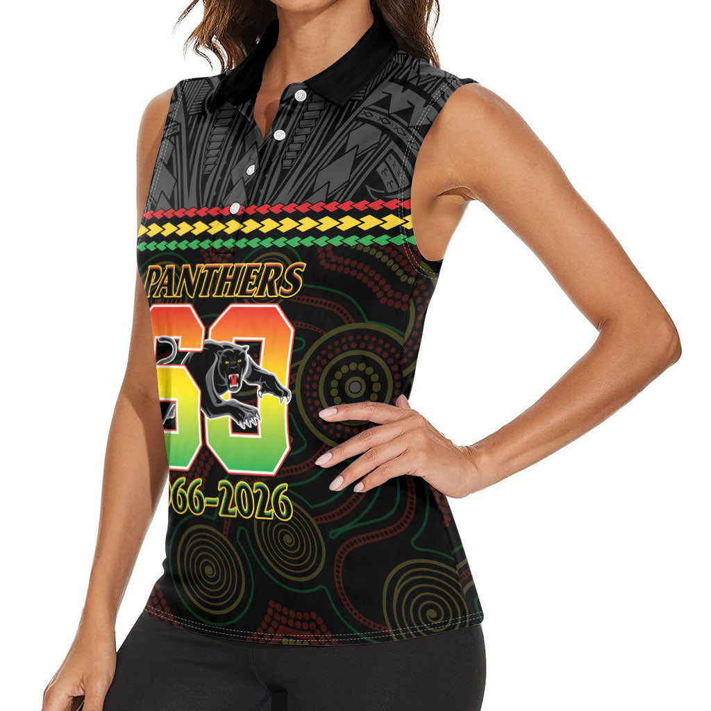 Penrith Panthers Rugby Custom Women Sleeveless Polo Shirt 60 Years Anniversary Black Polynesian Aboriginal Art