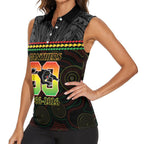 Penrith Panthers Rugby Custom Women Sleeveless Polo Shirt 60 Years Anniversary Black Polynesian Aboriginal Art