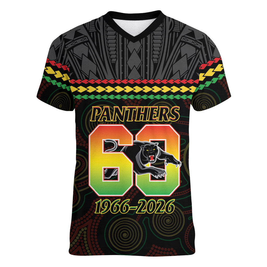 Penrith Panthers Rugby Custom Women V-Neck T-Shirt 60 Years Anniversary Black Polynesian Aboriginal Art