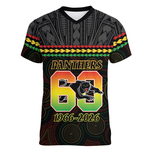 Penrith Panthers Rugby Custom Women V-Neck T-Shirt 60 Years Anniversary Black Polynesian Aboriginal Art