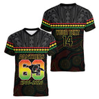 Penrith Panthers Rugby Custom Women V-Neck T-Shirt 60 Years Anniversary Black Polynesian Aboriginal Art
