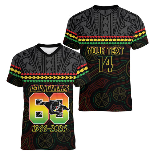 Penrith Panthers Rugby Custom Women V-Neck T-Shirt 60 Years Anniversary Black Polynesian Aboriginal Art