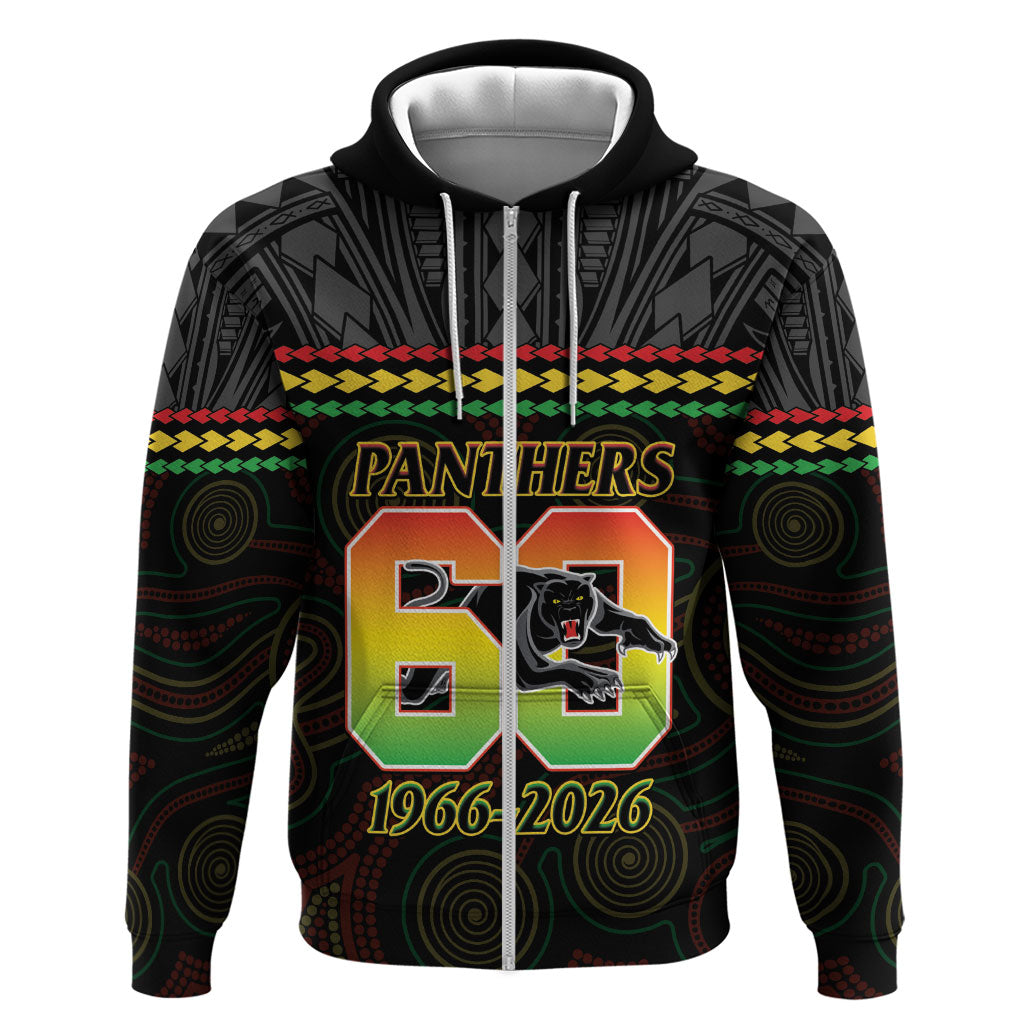 Penrith Panthers Rugby Custom Zip Hoodie 60 Years Anniversary Black Polynesian Aboriginal Art