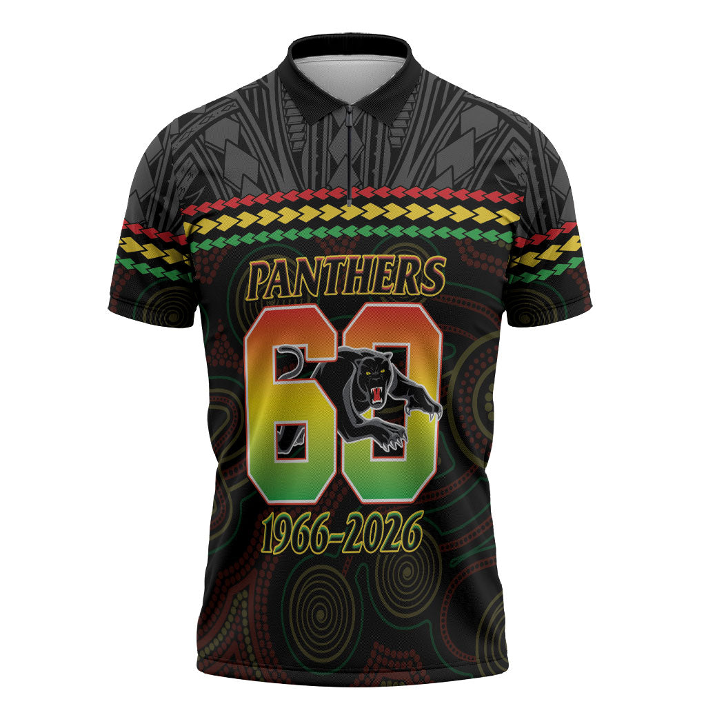 Penrith Panthers Rugby Custom Zipper Polo Shirt 60 Years Anniversary Black Polynesian Aboriginal Art