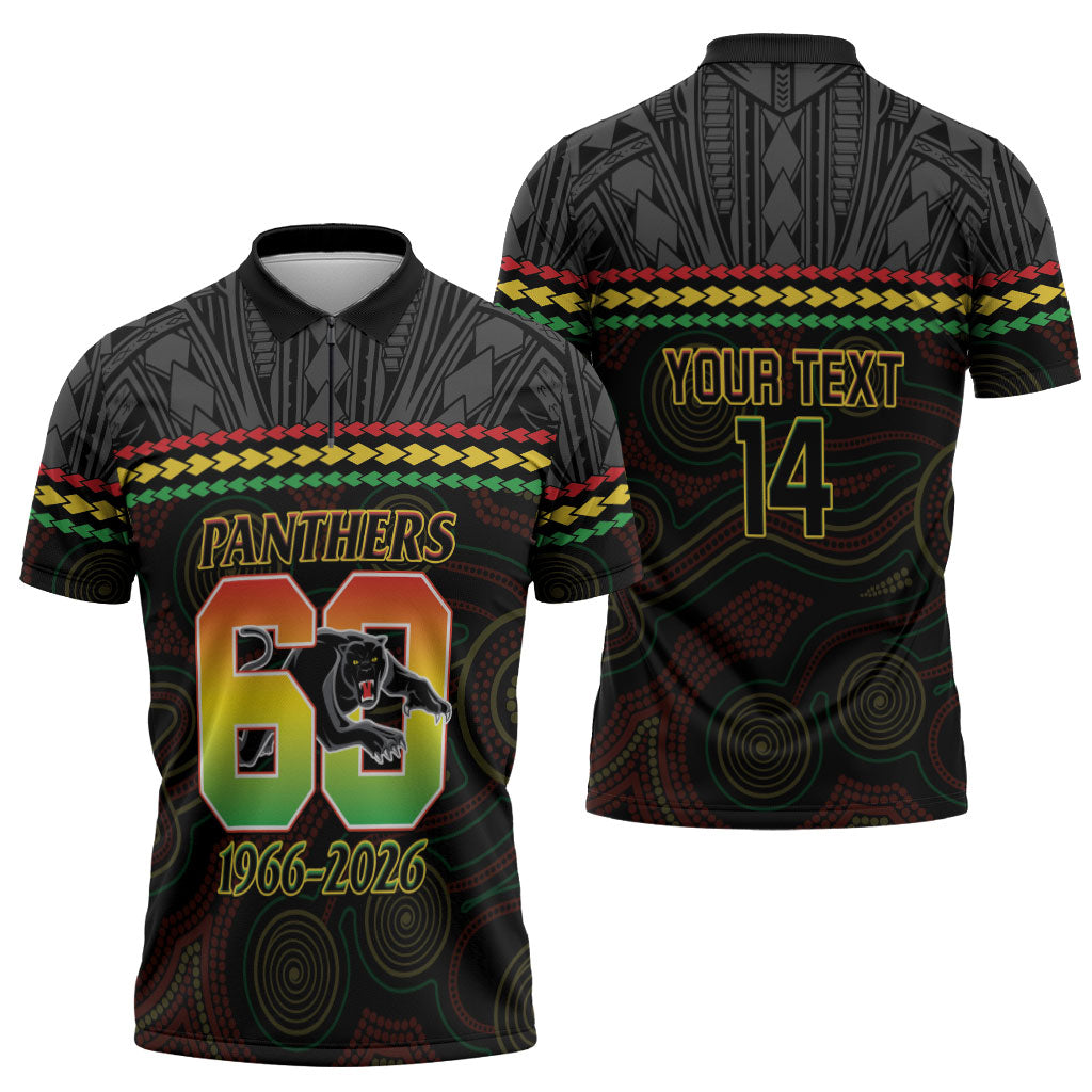Penrith Panthers Rugby Custom Zipper Polo Shirt 60 Years Anniversary Black Polynesian Aboriginal Art