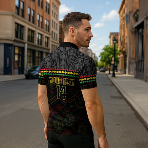 Penrith Panthers Rugby Custom Zipper Polo Shirt 60 Years Anniversary Black Polynesian Aboriginal Art