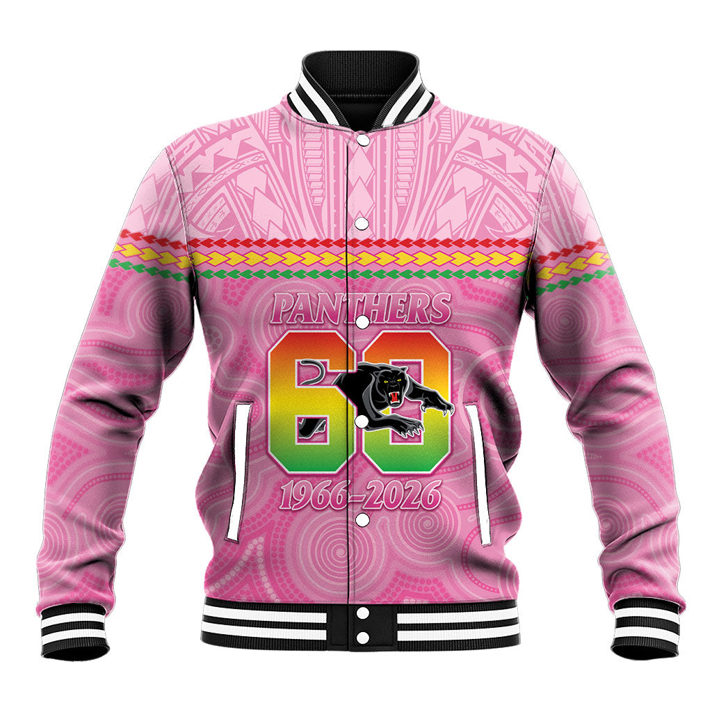 Penrith Panthers Rugby Custom Baseball Jacket 60 Years Anniversary Pink Polynesian Aboriginal Art