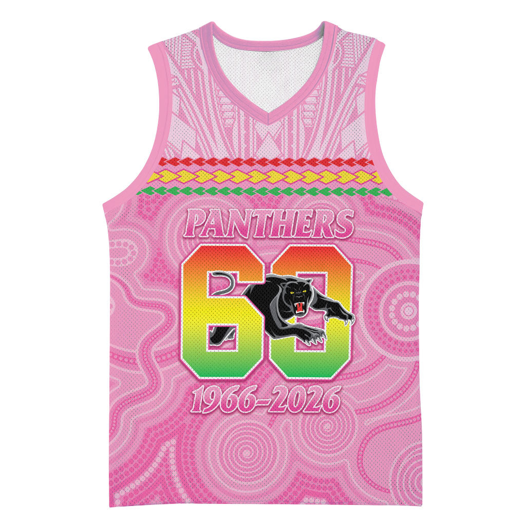 Penrith Panthers Rugby Custom Basketball Jersey 60 Years Anniversary Pink Polynesian Aboriginal Art