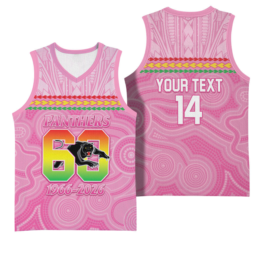 Penrith Panthers Rugby Custom Basketball Jersey 60 Years Anniversary Pink Polynesian Aboriginal Art