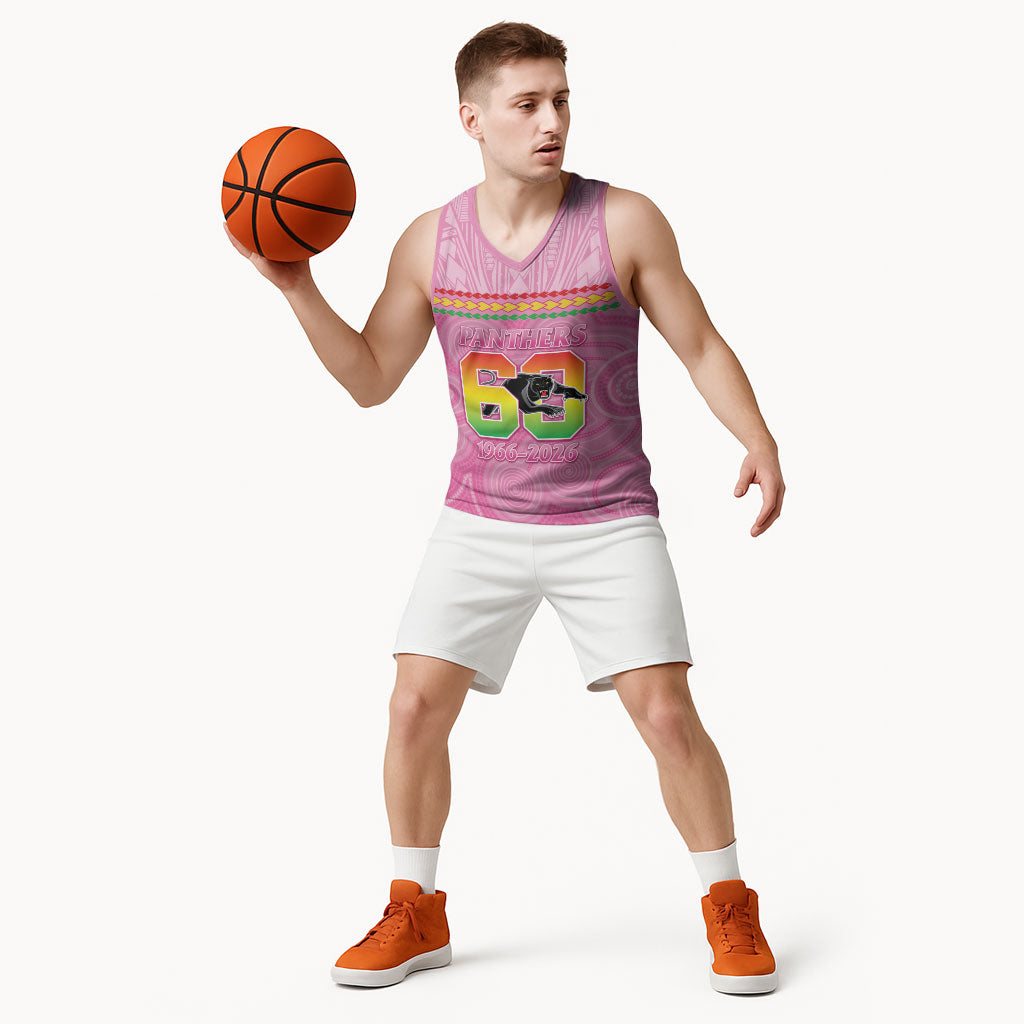 Penrith Panthers Rugby Custom Basketball Jersey 60 Years Anniversary Pink Polynesian Aboriginal Art