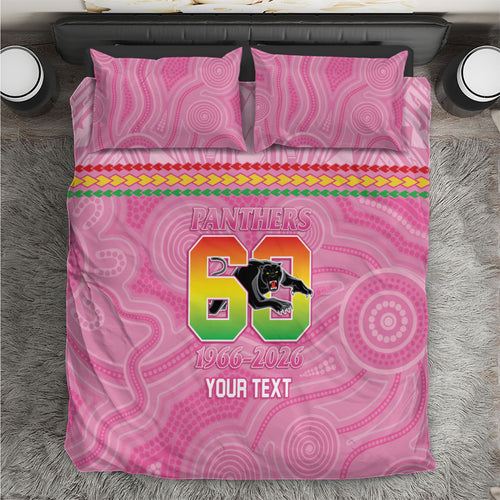 Penrith Panthers Rugby Custom Bedding Set 60 Years Anniversary Pink Polynesian Aboriginal Art