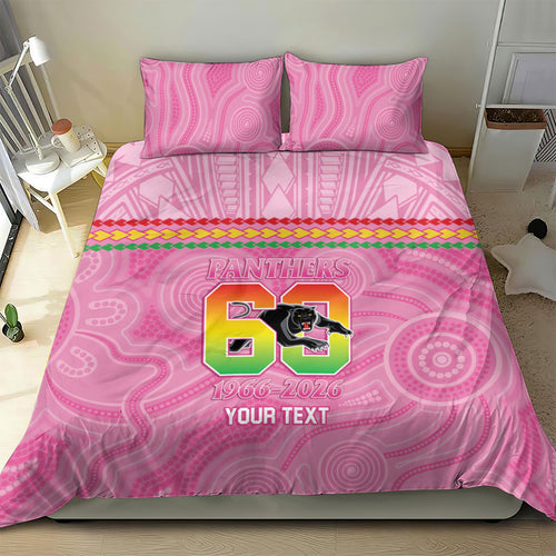 Penrith Panthers Rugby Custom Bedding Set 60 Years Anniversary Pink Polynesian Aboriginal Art