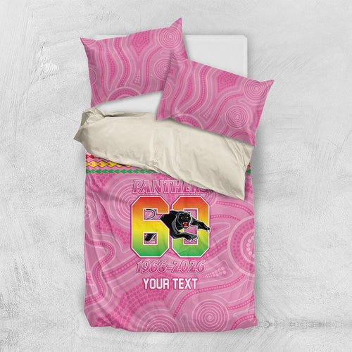 Penrith Panthers Rugby Custom Bedding Set 60 Years Anniversary Pink Polynesian Aboriginal Art