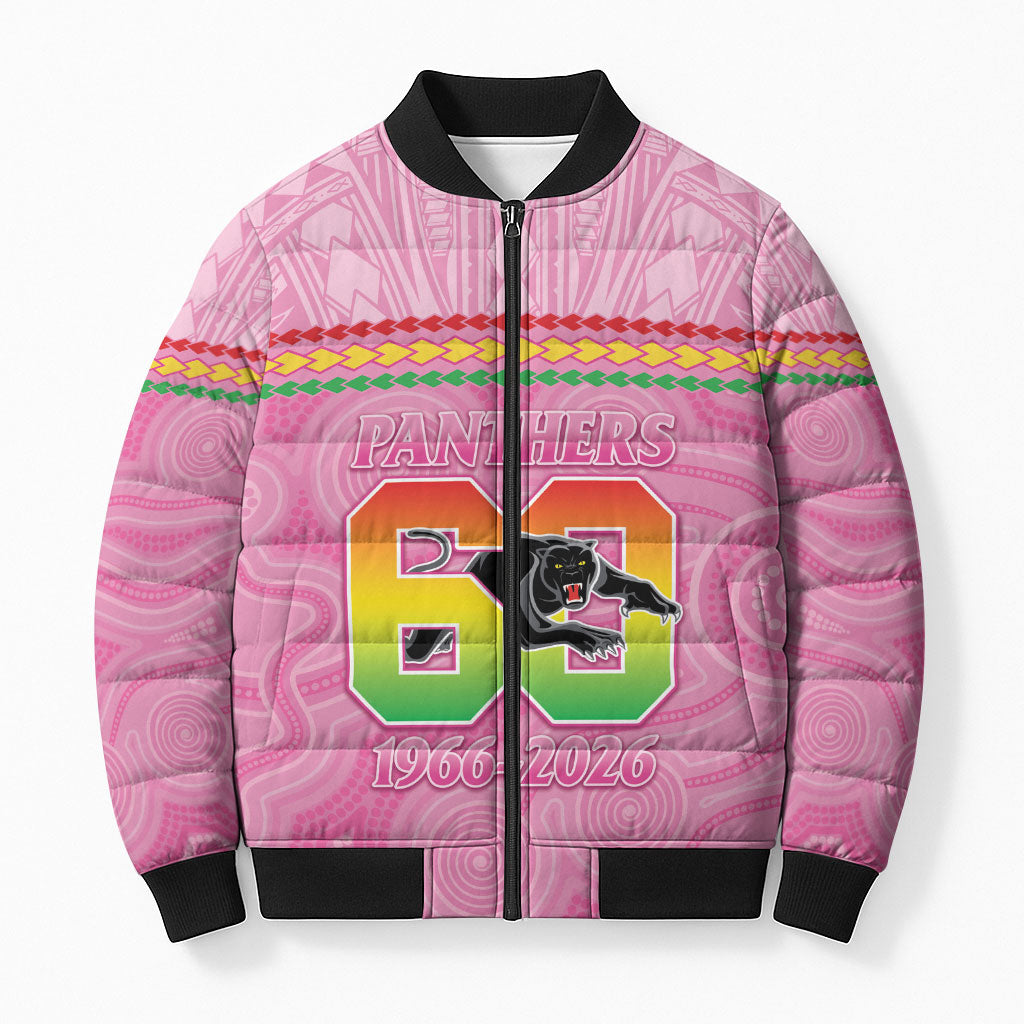 Penrith Panthers Rugby Custom Bomber Puffer Jacket 60 Years Anniversary Pink Polynesian Aboriginal Art