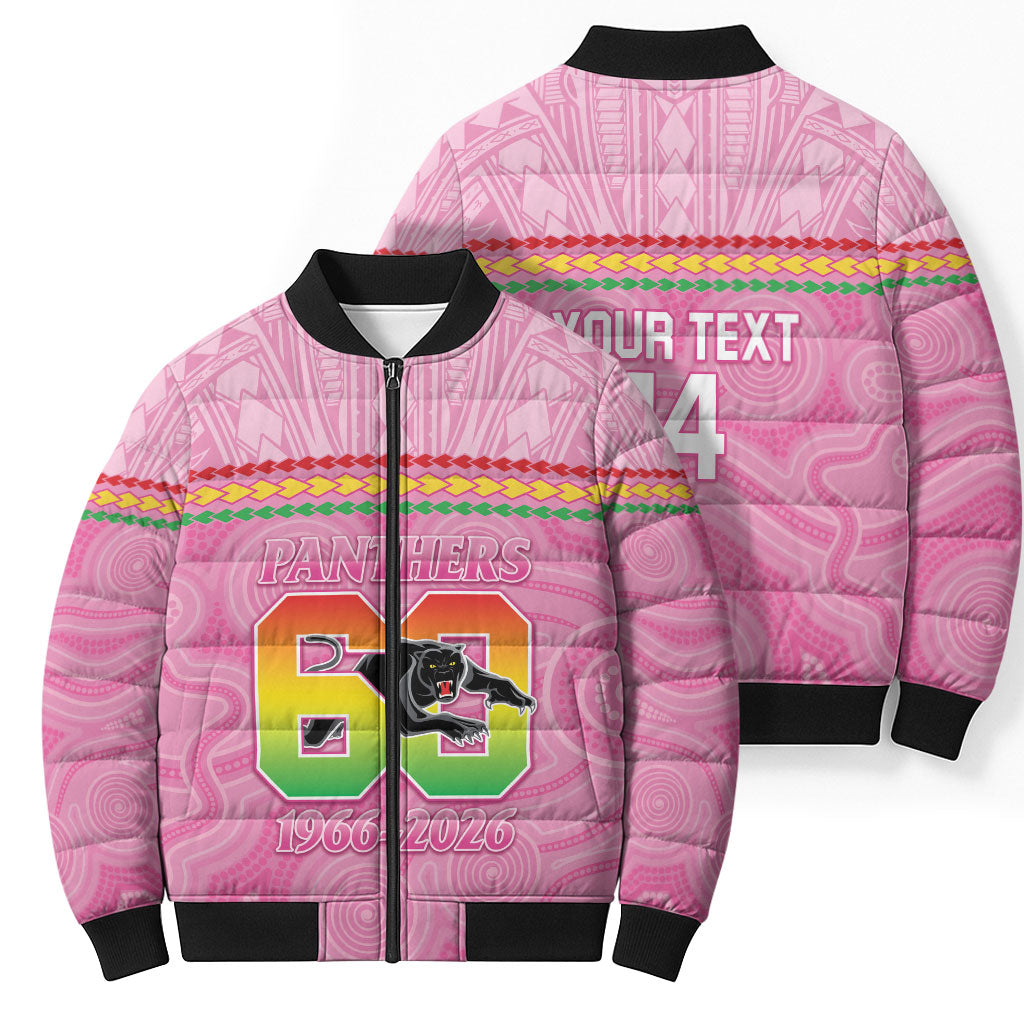 Penrith Panthers Rugby Custom Bomber Puffer Jacket 60 Years Anniversary Pink Polynesian Aboriginal Art