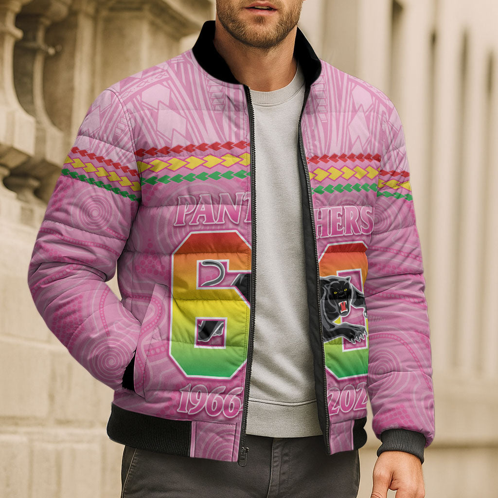 Penrith Panthers Rugby Custom Bomber Puffer Jacket 60 Years Anniversary Pink Polynesian Aboriginal Art