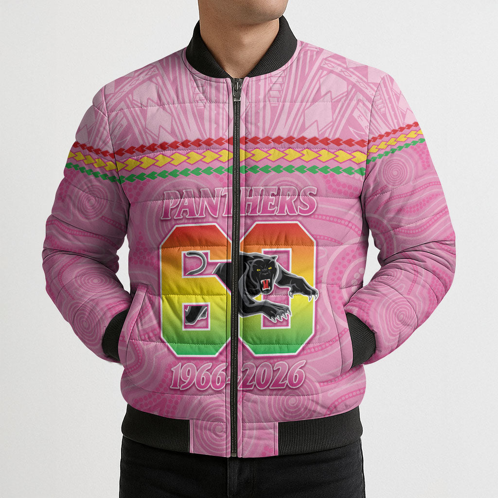Penrith Panthers Rugby Custom Bomber Puffer Jacket 60 Years Anniversary Pink Polynesian Aboriginal Art