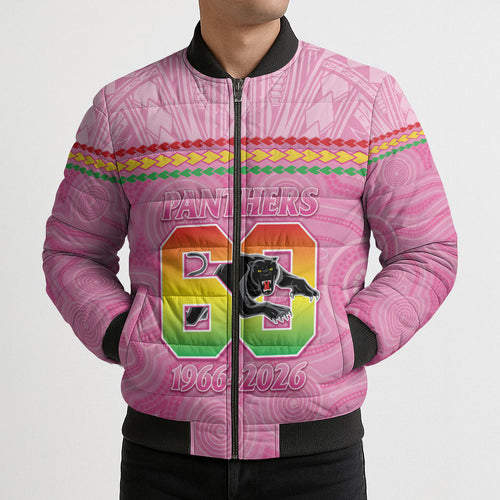 Penrith Panthers Rugby Custom Bomber Puffer Jacket 60 Years Anniversary Pink Polynesian Aboriginal Art