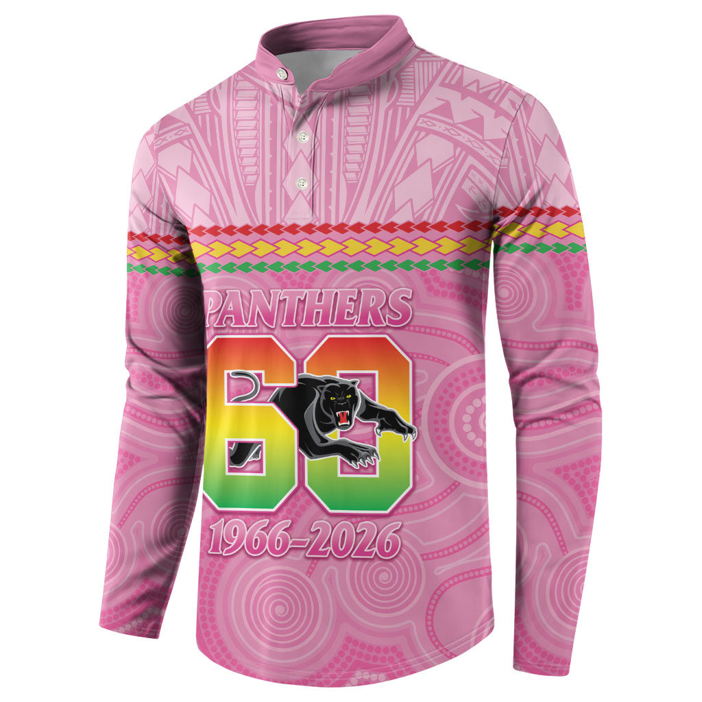 Penrith Panthers Rugby Custom Button Sweatshirt 60 Years Anniversary Pink Polynesian Aboriginal Art