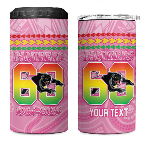 Penrith Panthers Rugby Custom 4 in 1 Can Cooler Tumbler 60 Years Anniversary Pink Polynesian Aboriginal Art