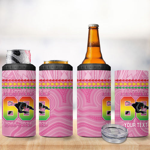 Penrith Panthers Rugby Custom 4 in 1 Can Cooler Tumbler 60 Years Anniversary Pink Polynesian Aboriginal Art