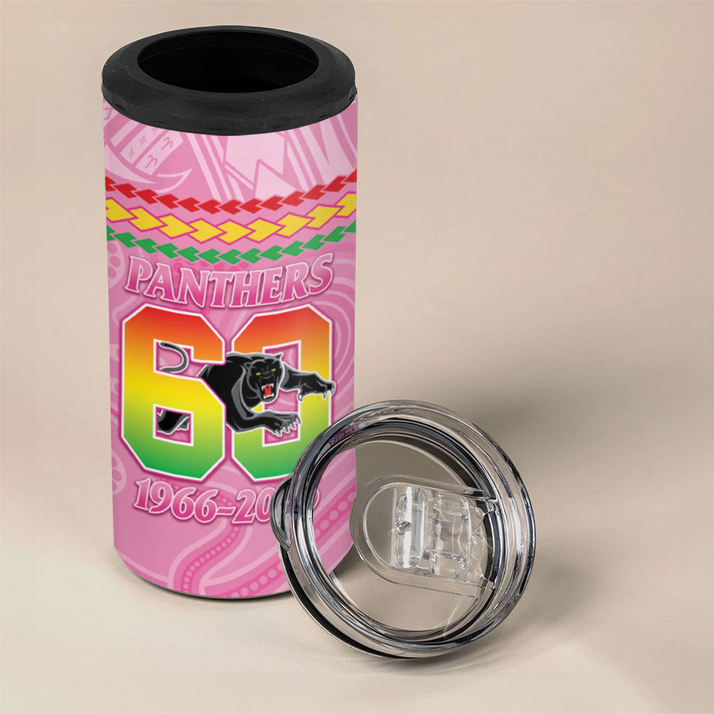 Penrith Panthers Rugby Custom 4 in 1 Can Cooler Tumbler 60 Years Anniversary Pink Polynesian Aboriginal Art