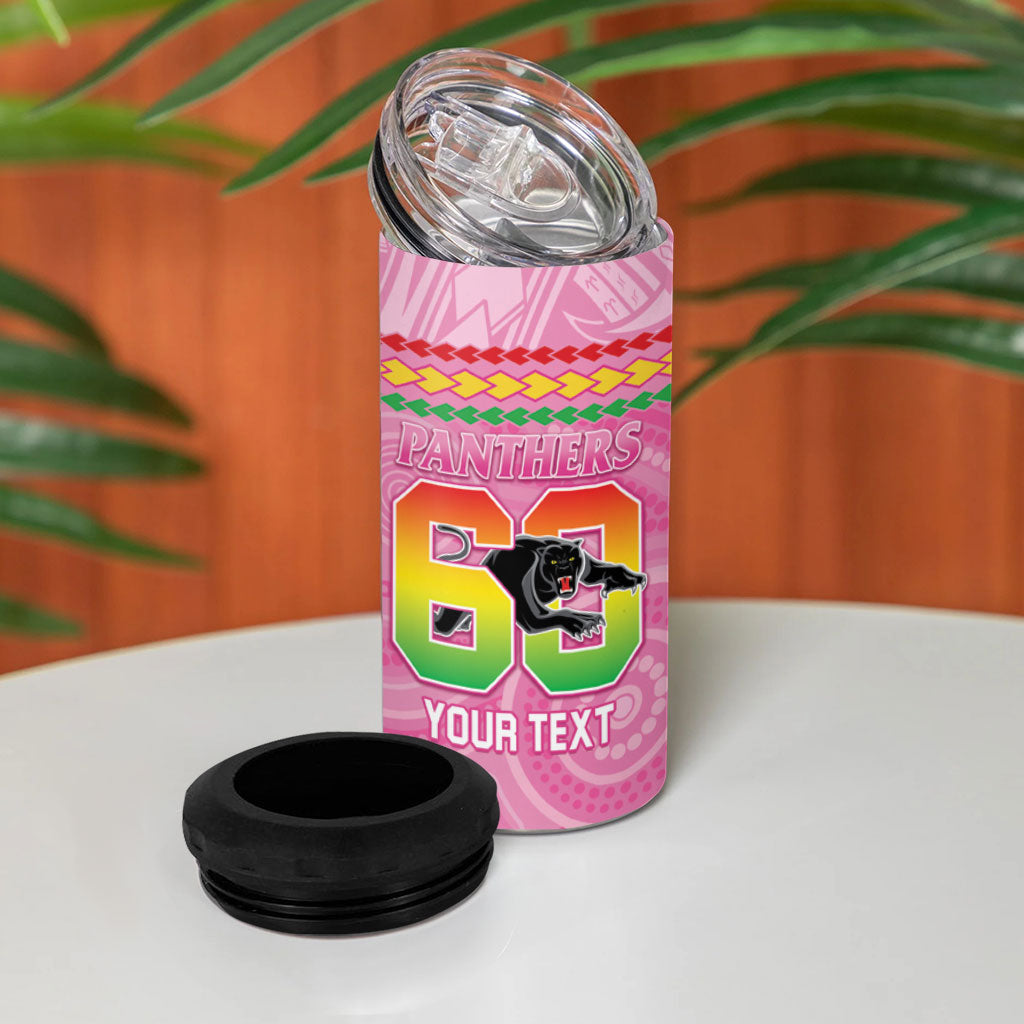 Penrith Panthers Rugby Custom 4 in 1 Can Cooler Tumbler 60 Years Anniversary Pink Polynesian Aboriginal Art