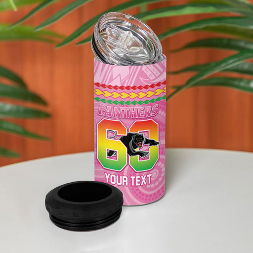 Penrith Panthers Rugby Custom 4 in 1 Can Cooler Tumbler 60 Years Anniversary Pink Polynesian Aboriginal Art