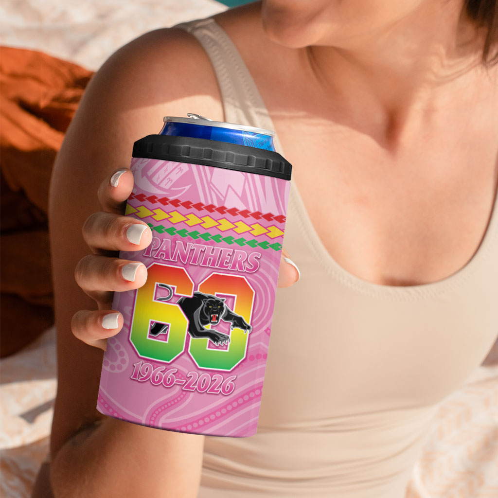 Penrith Panthers Rugby Custom 4 in 1 Can Cooler Tumbler 60 Years Anniversary Pink Polynesian Aboriginal Art