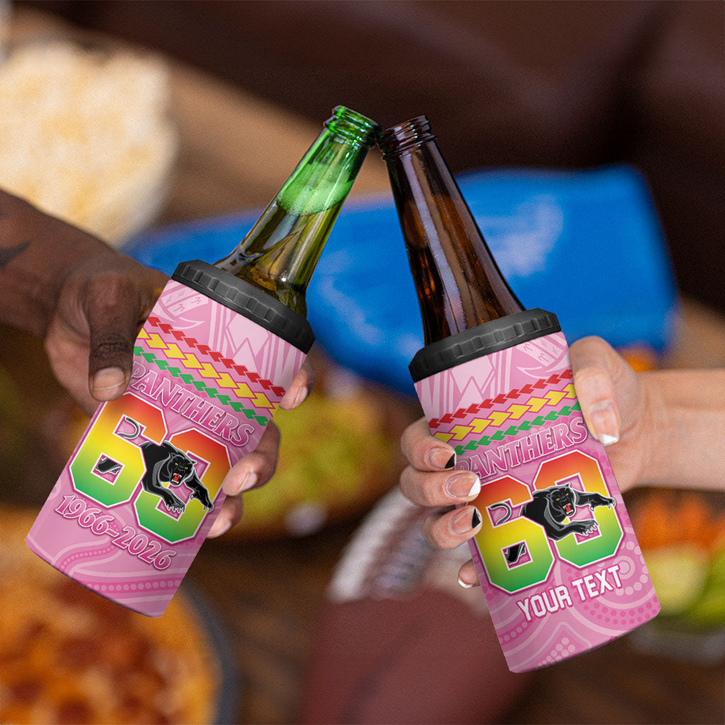 Penrith Panthers Rugby Custom 4 in 1 Can Cooler Tumbler 60 Years Anniversary Pink Polynesian Aboriginal Art